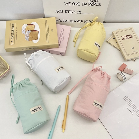 Drawstring Pencil Case Large Capacity Polyester Folding Vertical Stationery Storage Bag Checkered Pattern Students