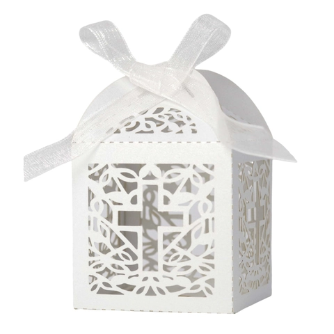 Scatola di Caramelle con Croce Cava e Nastro in Carta Perlata Intagliata al Laser Scatola Regalo per Matrimonio Battesimo Bomboniera Confezione di Cioccolata