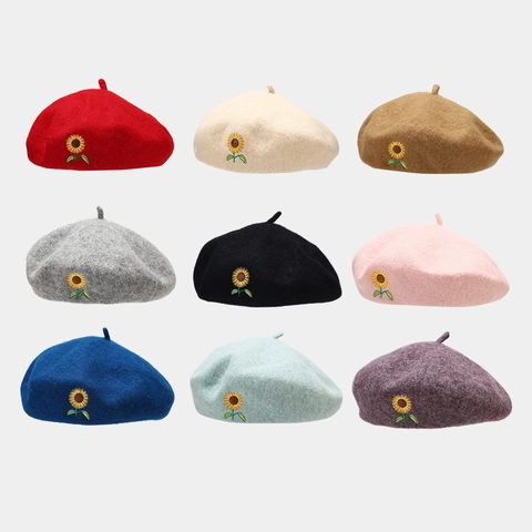 Sunflower Embroidery Wool Beret Hat For Women Vintage French Painter Hat Warm Winter Casual Retro Cap