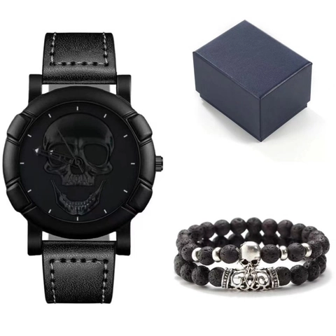 Montre À Quartz Pour Homme Avec Design Tête De Mort 3D Bracelet En Similicuir Bracelet En Pierre De Lave Style Punk Hip Hop
