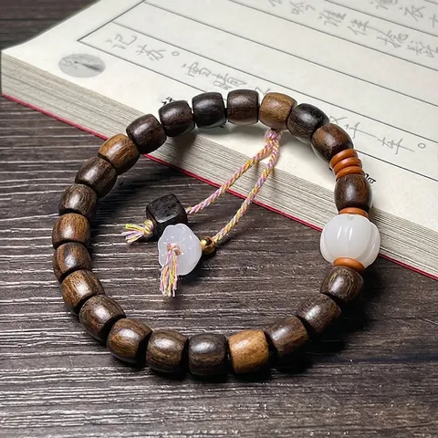 Retro Wood Beaded Bracelet White Pumpkin Faux Jade Bead Colorful Tassel Zen Style Buddha Prayer Beads For Men Women