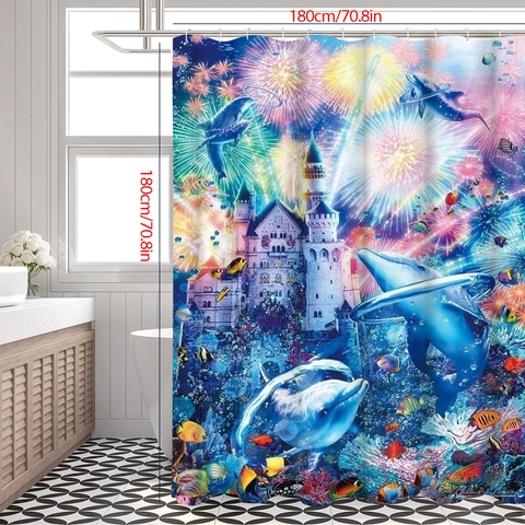 Fantasie Onderwaterwereld Douchegordijn Waterdicht Polyester Met Haken 3D Dolfijn Kasteel Vuurwerk Print Badkamer Decor