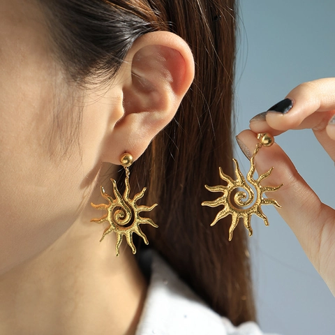 Sonne Spirale Ohrstecker Edelstahl 18K Vergoldet Hammerschlag Textur Retro Hip Hop Mode Schmuck Für Frauen