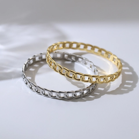 Bracelet Jonc À Chaîne Creuse Minimaliste En Acier Titane Plaqué Or Style Punk Bijoux Tendances Pour Femmes