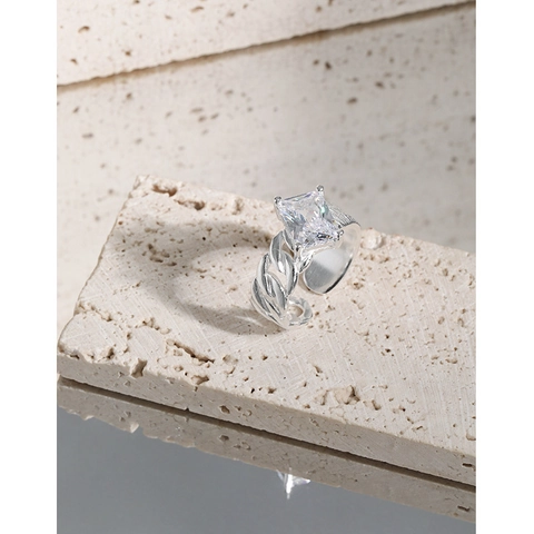 Verstelbare Open Ring 925 Sterling Zilver Rechthoekige Zirkonia Geborstelde Touwtextuur Minimalistische Luxe Dames