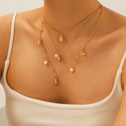 Collana In Acciaio Inossidabile Placcato Oro Pendente Conchiglia Stella Marina Perla Artificial Gioielli Da Vacanza