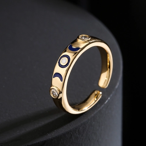 Anello Aperto In Ottone Placcato Oro 18K Smalto Colorato Luna Stella Zirconia Gioielli Regolabili Per Donna Retro