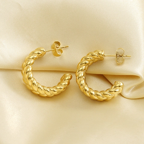 Pendientes De Aro Trenzados De Acero Inoxidable Chapado En Oro De 18K Forma De C Gruesa Joyería Retro Mujer
