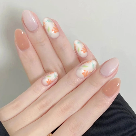 Press On Nails Elegant Floral Print Oval Shape ABS Glossy Artificial False Nails For Women