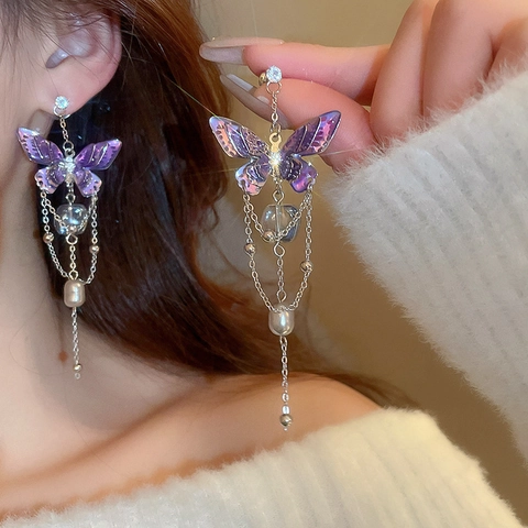 Fashion Butterfly Flower Long Tassel Drop Earrings Alloy Rhinestone With 925 Sterling Silver Earring Post For Women