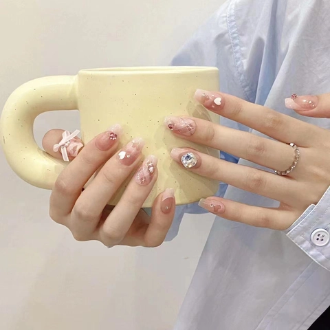 Unghie Finte Fatte A Mano Sfumate Rosa Strass Fiocco Dolce Elegante Riutilizzabili Per Donne