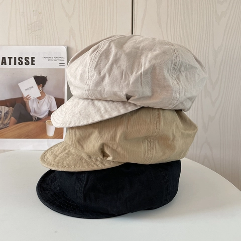 Women Newsboy Cap Washed Cotton Octagonal Hat Retro Japanese Style Casual Breathable Sun Shading Adjustable Solid Color