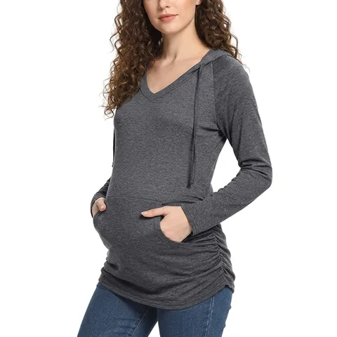 Maternity Hoodie Long Sleeve V Neck Ruched Side Kangaroo Pocket Polyester Spandex Solid Casual Pullover Top