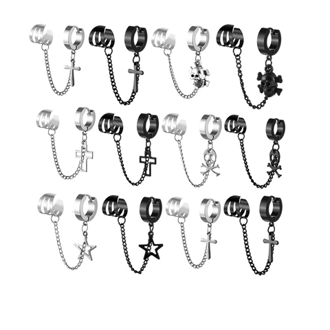 Orecchino A Catena Punk Gothic Con Polsino Orecchio Acciaio Inossidabile 316L Croce Teschio Stella Per Uomini Donne
