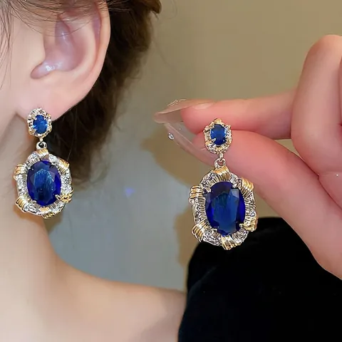 Vintage Ovale Blaue Kristall Ohrhänger Mit Silberohrstecker Palast Luxus Französischer Stil Schmuck Damen