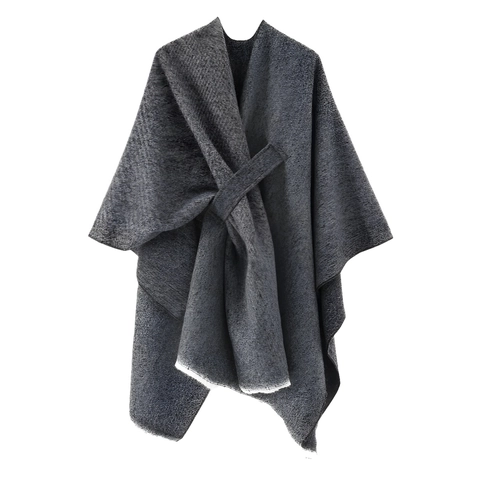 Poncho Capa de Símil Cachemira para Mujer Color Sólido Nudo Delantero Chal de Punto de Invierno Bufanda Cálida con Borlas