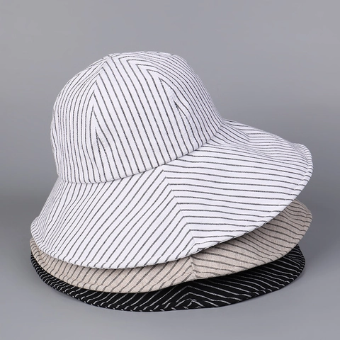 Chapeau Cloche Rayé Femme Coton Lin Large Bord Protection Solaire Pliable Été Plage Casquette De Voyage Avec Corde Amovible