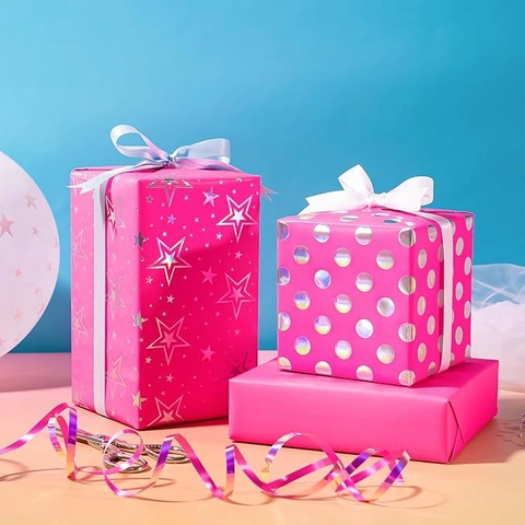 Gift Wrapping Paper Roll Copperplate Paper Hot Stamping Holographic Laser Pink Star Polka Dot Birthday Party Luxury Decorative