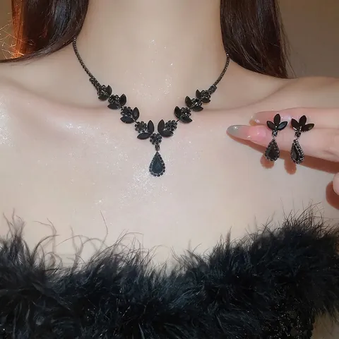 Élégant Collier Et Boucles D'oreilles En Cuivre Strass Pendentif Goutte D'eau Feuille Pour Femmes Fête Mariage Luxe