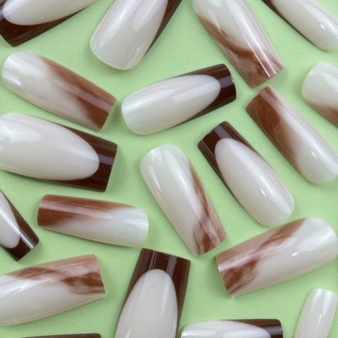 Long Square Press On Nails French Brown Marble Glossy Artificial Nails For Women Coffee White Elegant