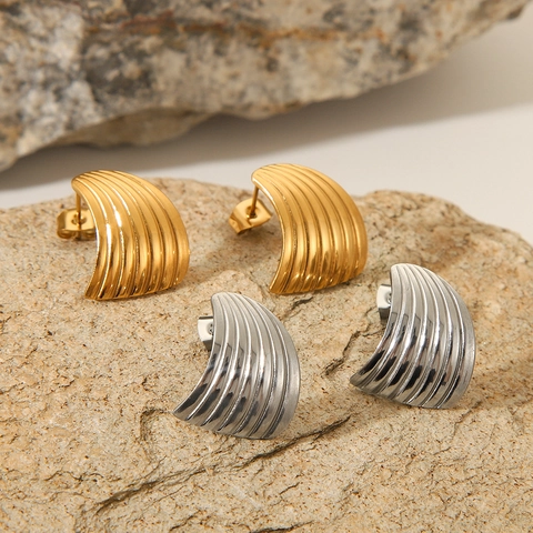 Striped Fan Shaped Stud Earrings Stainless Steel 18K Gold Plated Scalloped Vintage Simple Jewelry For Women