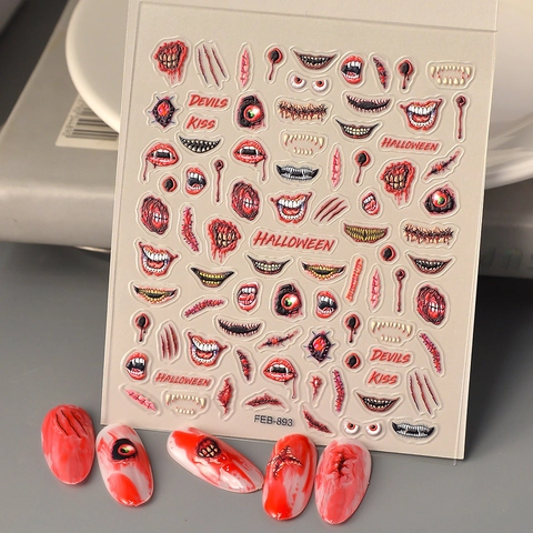 Halloween Nagelstickers 5D Reliëf Horror Bloed Mond Tanden Ontwerpen Waterdicht DIY Zelfklevende Decals Voor Vrouwen