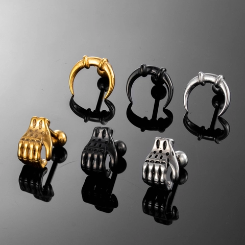 Punk Edelstahl Stecker Ohrringe Gothic Skelett Hand Handfläche Kralle Form Hip Hop Ohrknochen Stecker Für Herren Damen