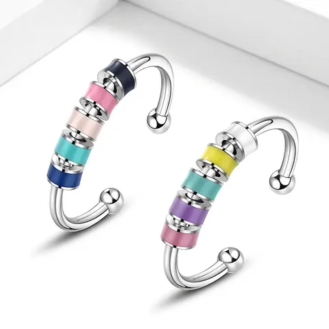 Anillo de Ansiedad de Acero Inoxidable Ajustable para Mujer Hombre Anello Fidget Con Cuentas de Esmalte Giratorias Joyería Antiestrés
