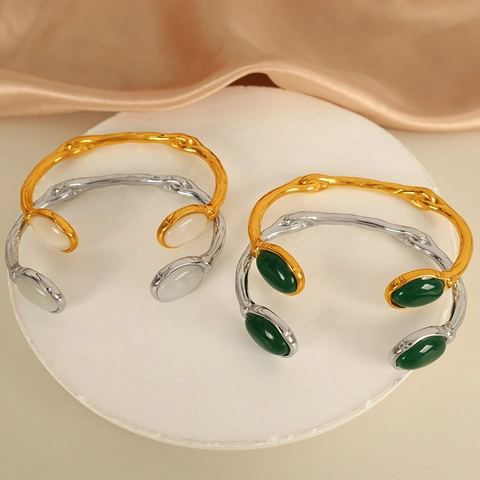 Unregelmäßiger Wellenförmiger Offener Armreif 18K Vergoldeter Edelstahl Mit Ovalem Katzenaugenstein Verstellbarer Retro Schmuck Damen