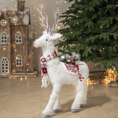 Weihnachts Weißes Rentier Ornament Plüsch Stehende Elch Figur Für Zuhause Feiertag Party Dekoration Mit Schal Und Beeren
