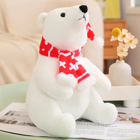 White Polar Bear Plush Toy Soft Stuffed Animal With Christmas Scarf Hat Decorative Winter Holiday Gift