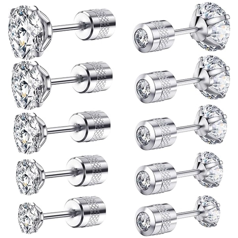 Orecchini a Bottone in Acciaio Inossidabile con Zirconia per Donna Uomo Vite Posteriore Orecchini Geometrici Rotondi Gioielli