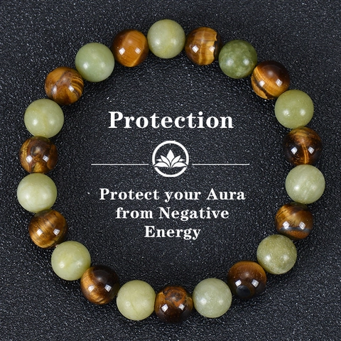 Natural Tiger Eye Stone And Jade Beaded Bracelet Elastic Stretch Protection Energy Jewelry For Men Women Handcrafted