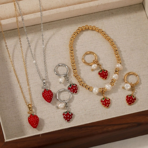 Collana Bracciale Orecchini Fragola Acciaio Inossidabile Perla Artificial Frutta Smalto Impermeabile Gioielli Di Moda Per Donne
