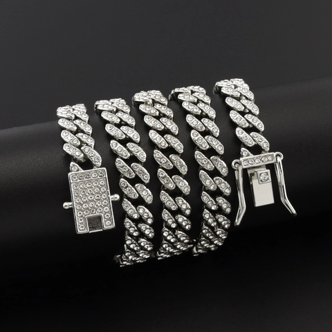 Hip Hop Cuban Link Chain Necklace Bracelet Alloy Rhinestone Iced Out Bling Jewelry For Men Women Streetwear Style