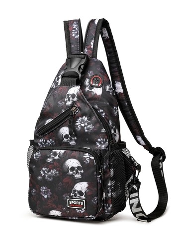 Borsa Da Petto Stampa Teschio Fiori Tessuto Oxford Borsa A Tracolla Con Foro Per Auricolari Multi Tasche Casual Gothic