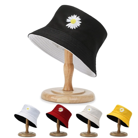 Daisy Embroidery Bucket Hat Sun Protection Reversible Cotton Blend Casual Outdoor Sunshade Cap For Women