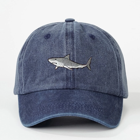 Casquette De Baseball Avec Broderie Requin Tissu Lavé Ajustable Rétro Chapeau De Soleil Extérieur Style Décontracté Pour Hommes Femmes