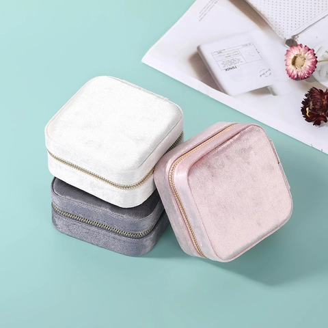 Portable Jewelry Box Velvet Zipper Storage Case With Mirror Travel Organizer For Rings Earrings Necklaces Square Soft