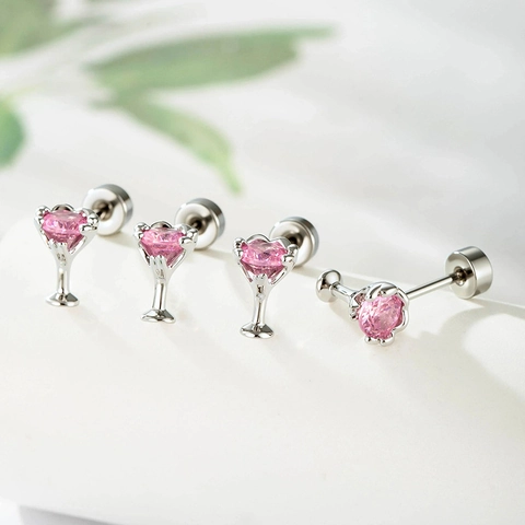 Titanium Steel Copper Pink Heart Zircon Goblet Cartilage Piercing Earring Stud Martini Glass Shape Screw Back Jewelry