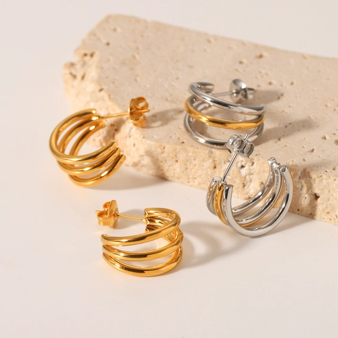 Three Layer Line Hoop Earrings Stainless Steel 18K Gold Plated Geometric C Shaped Non Fading Waterproof Jewelry For Women