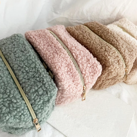 Lambswool Makeup Bag Large Capacity Portable Sherpa Cosmetic Pouch Travel Toiletry Organizer Soft Plush Storage Case