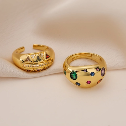 Vintage Geometrischer Offener Ring Kupfer Vergoldet Mit Bunten Zirkonia Für Damen Luxus Verstellbarer Fingerschmuck
