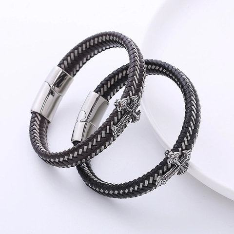 Bracciale In Pelle Intrecciata Da Uomo Con Ciondolo A Croce In Acciaio Inossidabile 316L Gioielli Punk Retro Fibbia Magnetica
