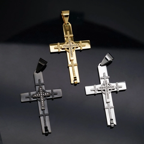 Collana Con Ciondolo A Croce Acciaio Inossidabile Doppio Strato Satinato Strass Hip Hop Gioielli Per Uomo Donna