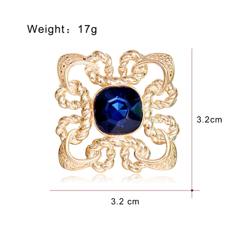 Vintage Luxury Alloy Square Glass Crystal Brooch For Women Gold Plated Hollow Geometric Deep Blue Stone Lapel Pin Jewelry