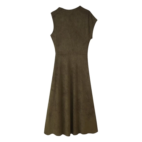 Maxikleid Wildlederimitat Ärmellos Stehkragen Asymmetrischer Saum Olivgrün Hohe Taille Plissee Sexy Slim Fit Elegant