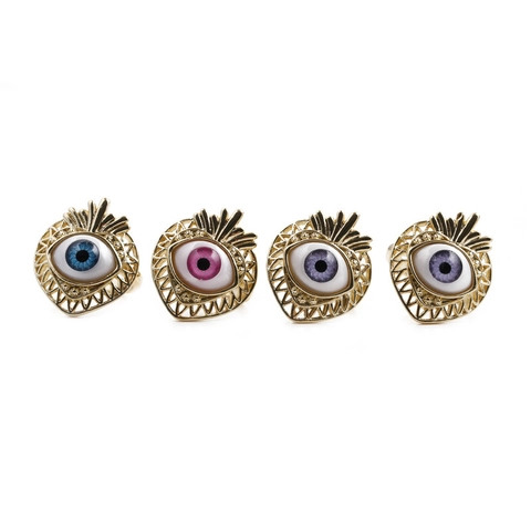 Evil Eye Ring Heart Shaped Gold Plated Copper With Zircon Micro Pave Boho Mystic Adjustable Finger Jewelry For Women