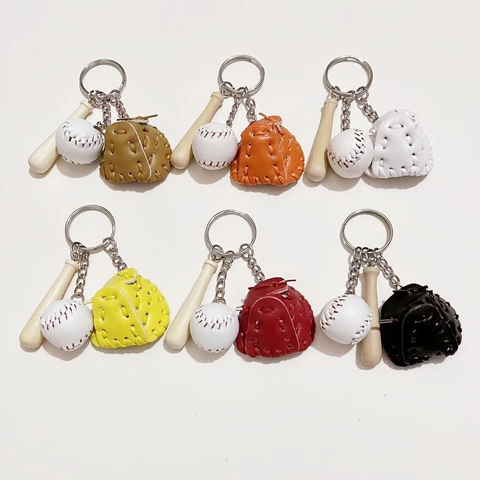 Sports Baseball Keyring Wood Bat PU Leather Glove Mini Ball Key Chain Ornament Hanging Pendant Decoration For Men Women