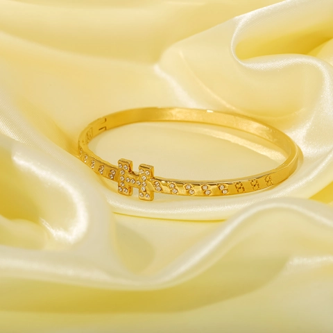 Luxus H Buchstabe Armreif Edelstahl 18K Vergoldet Zirkonia Eingelegt Eleganter Modeschmuck Für Damen